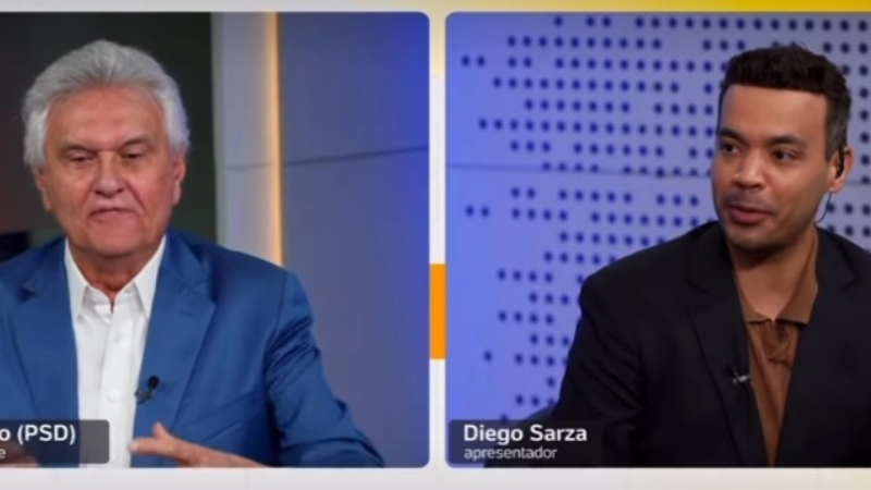 Caiado discute segurança pública com jornalista durante sabatina